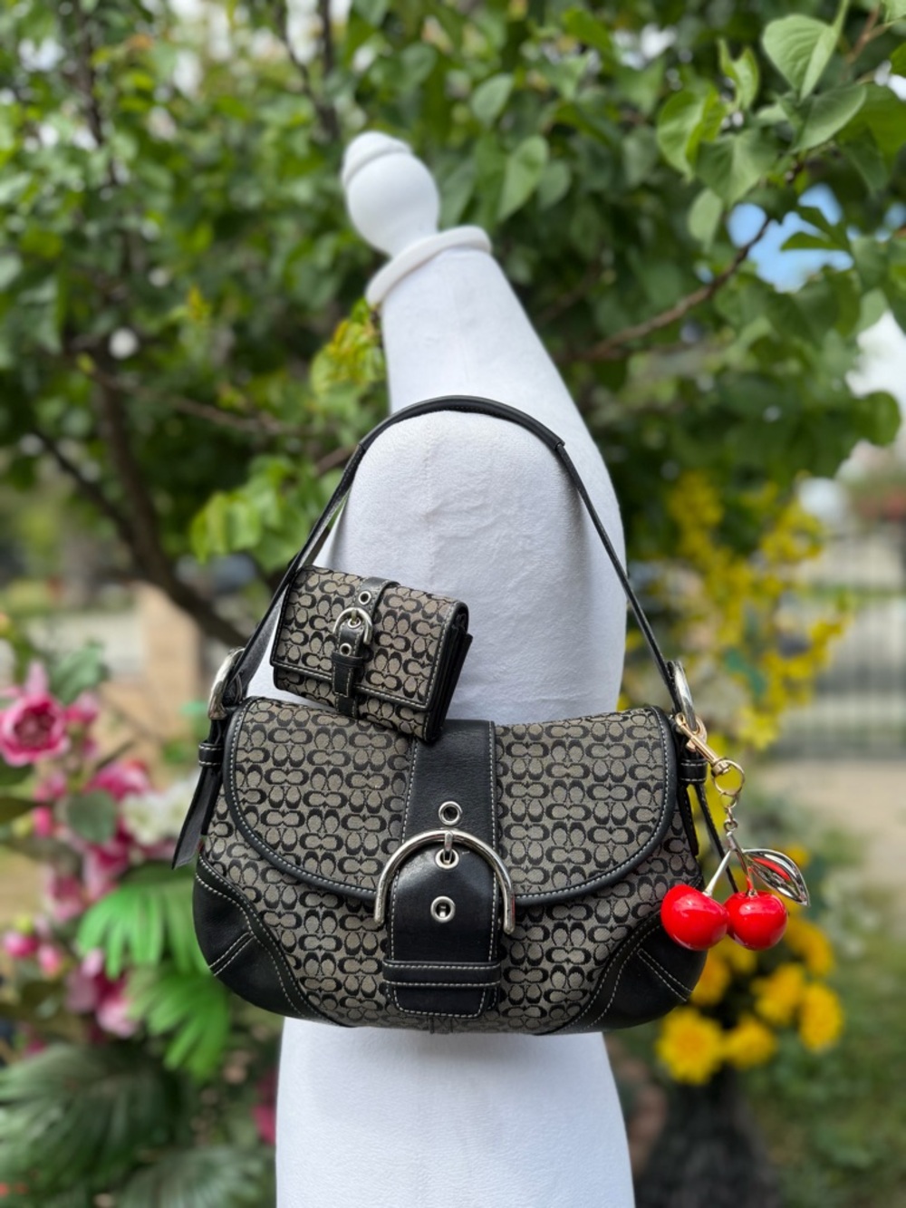 Coach Black and Brown Signature Canvas Shoulder Bag with Cherry Charm